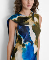 DKNY Sleeveless Printed Tie Neck Vestido, Remolino de Tinta explotado, M Mujeres