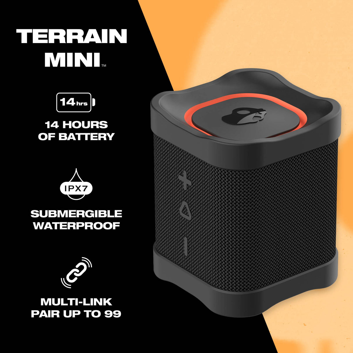 Skullcandy Terrain Mini Altavoz Portátil Inalámbrico con Bluetooth, Impermeabilidad IPX7, 14 Horas de Batería, True Wireless Stereo y Correa Integrada para Viajes y Uso en Exteriores - Negro