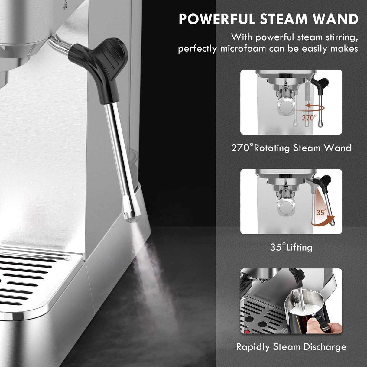 KitchenBoss Cafetera Espresso Compacta Profesionale: Máquina de Café Expreso para el Hogar, Cafetera Manual para Cappuccinos, Cafetera Express 15 Bares con Espumador, 1.2L Depósito Extraíble