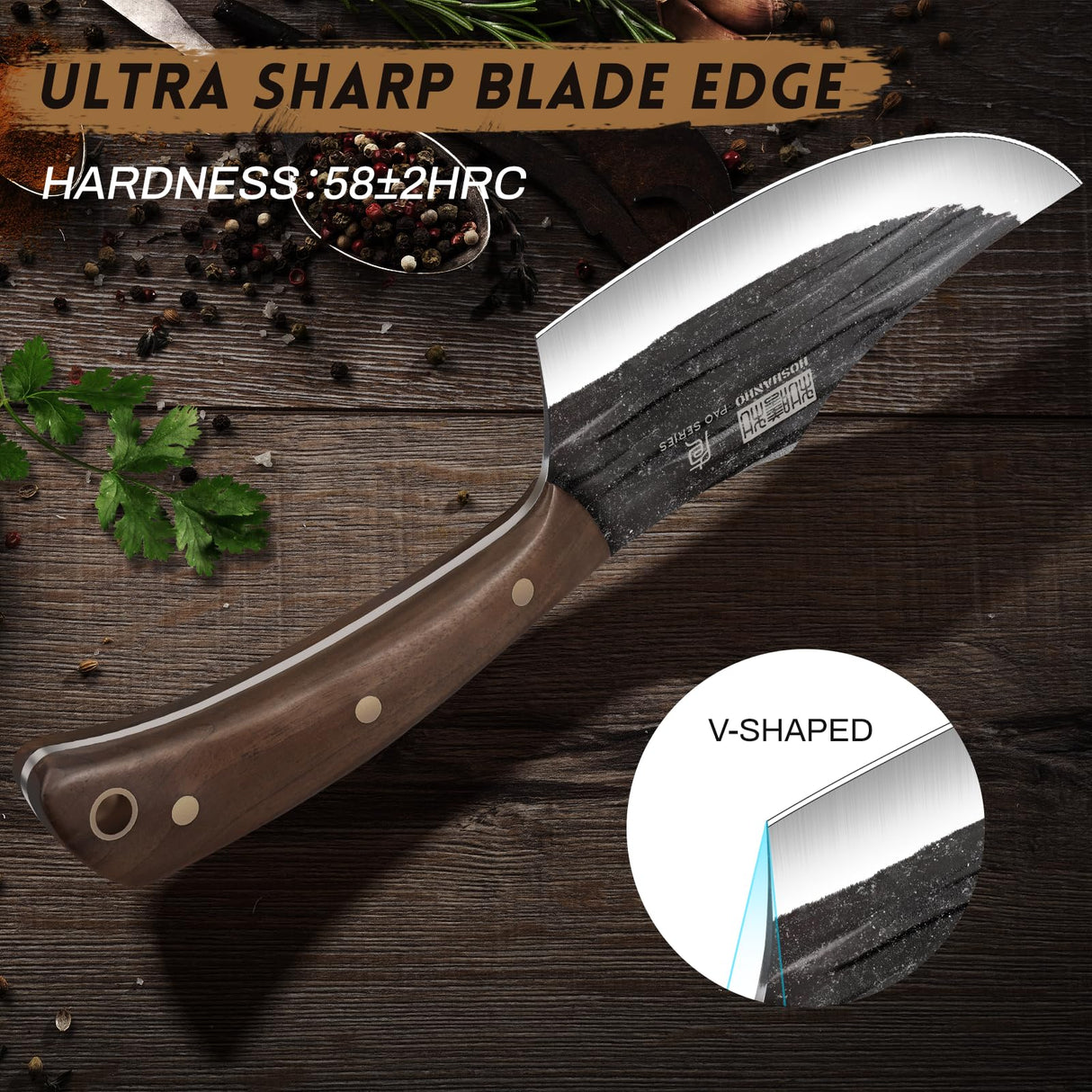 HOSHANHO Juego de Cuchillo de Carnicero, Forjado a Mano, Con Bolsa Enrollable Afilado Cuchillo de Carne, Cuchillo de Hueso y Cuchillo Deshuesador, Ideal Para el Hogar, Camping y BBQ