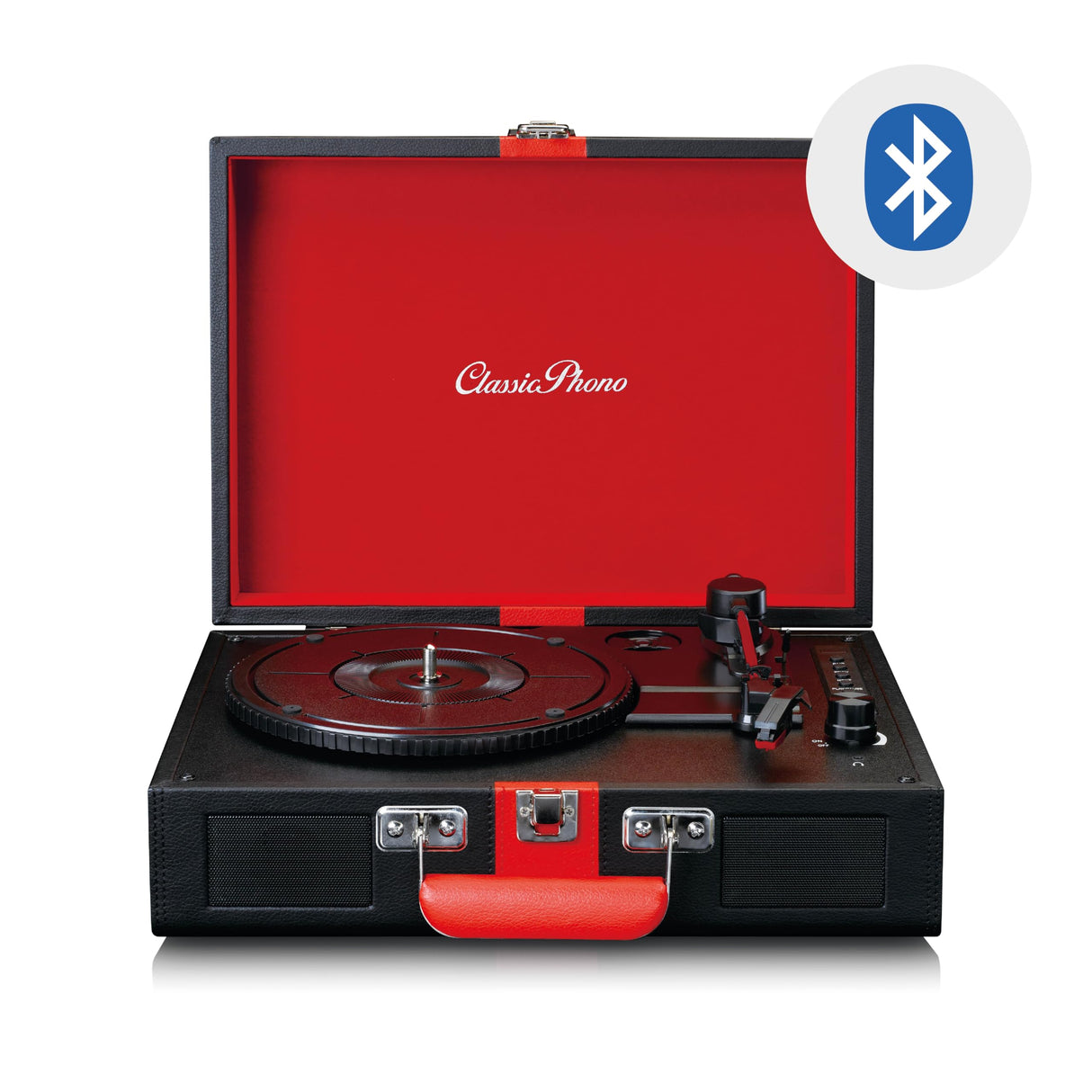 Classic Phono by Lenco TT-110 - Plato Giratorio - 33, 45 y 78 RPM - Bluetooth - transmisión por Correa - 2 Altavoces - Entrada Auxiliar, Salida RCA, 3,5 mm - Negro/Rojo