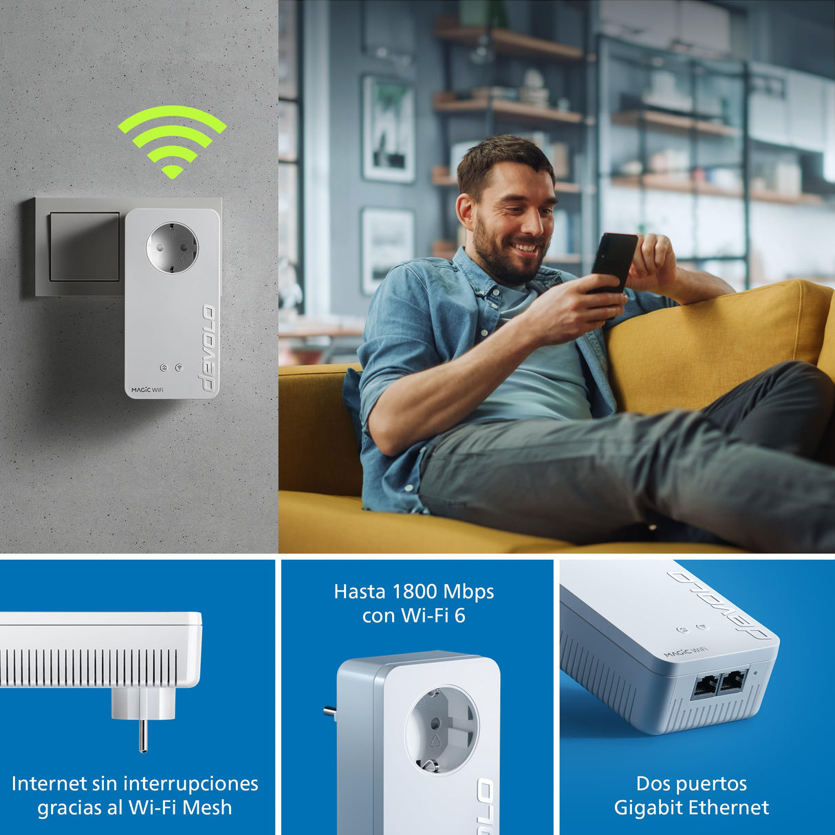 Devolo Magic 2 WiFi 6, Adaptador WiFi Powerline, hasta 2.400 Mbps, Toma Mesh WiFi, 2X conexión Gigabit LAN, Punto de Acceso, Blanco