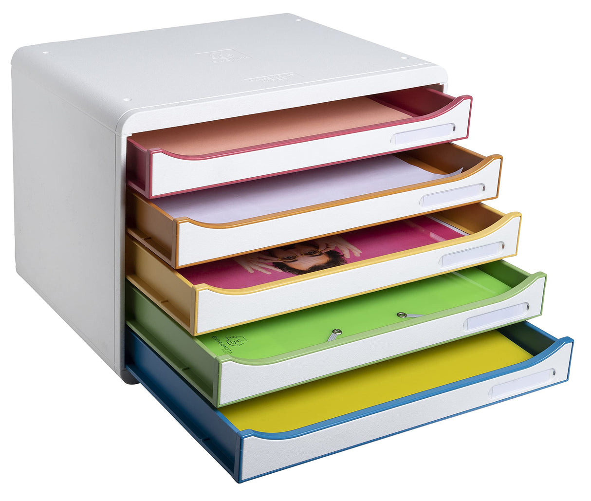 Exacompta - Ref. 308913D - BIG-BOX PLUS HORIZON - Caja de 5 cajones para documentos A4+ - Dimensiones exteriores: profundidad 27 x ancho 35,5 x altura 27,1 cm - Blanco/Arlequin/Blanco