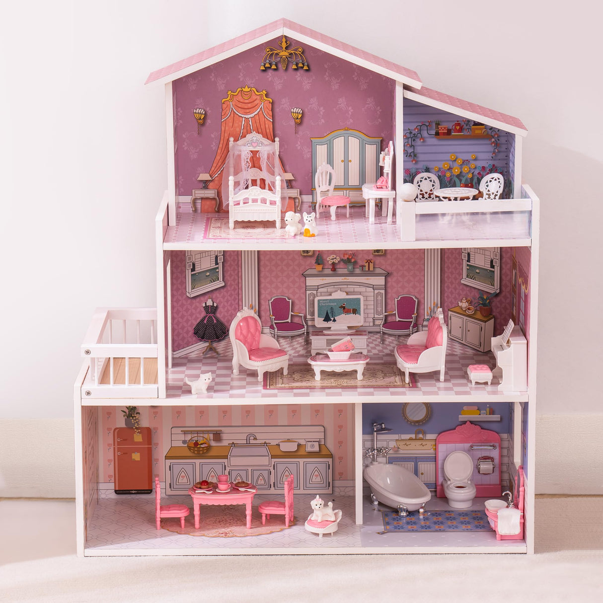 ROBUD Juego de casa de muñecas de Madera, 3 Cuentos, 5 Habitaciones, 24 Uds. Muebles, Pretender Jugar Juguete Regalo para niños niños niñas