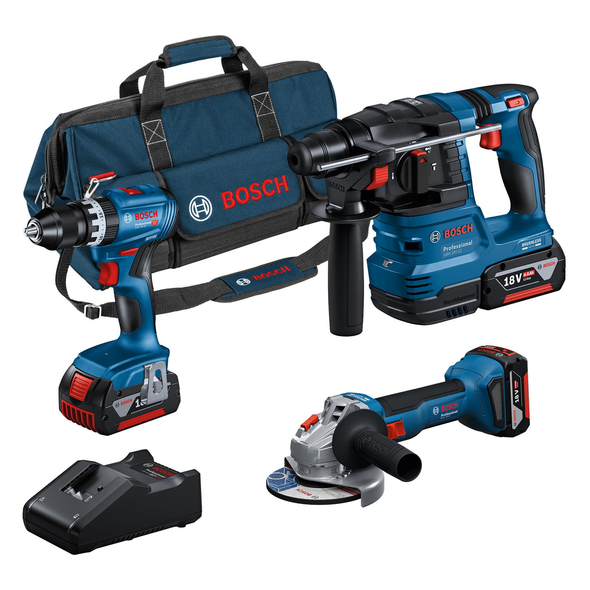 Bosch Professional 18V System Combo-Kit: GSB 18V-45 + GBH 18V-22 + GWS 18V-8 (incl. 3 GBA 4,0 Ah, GAL 18V-40, Maletín - Amazon Exclusive