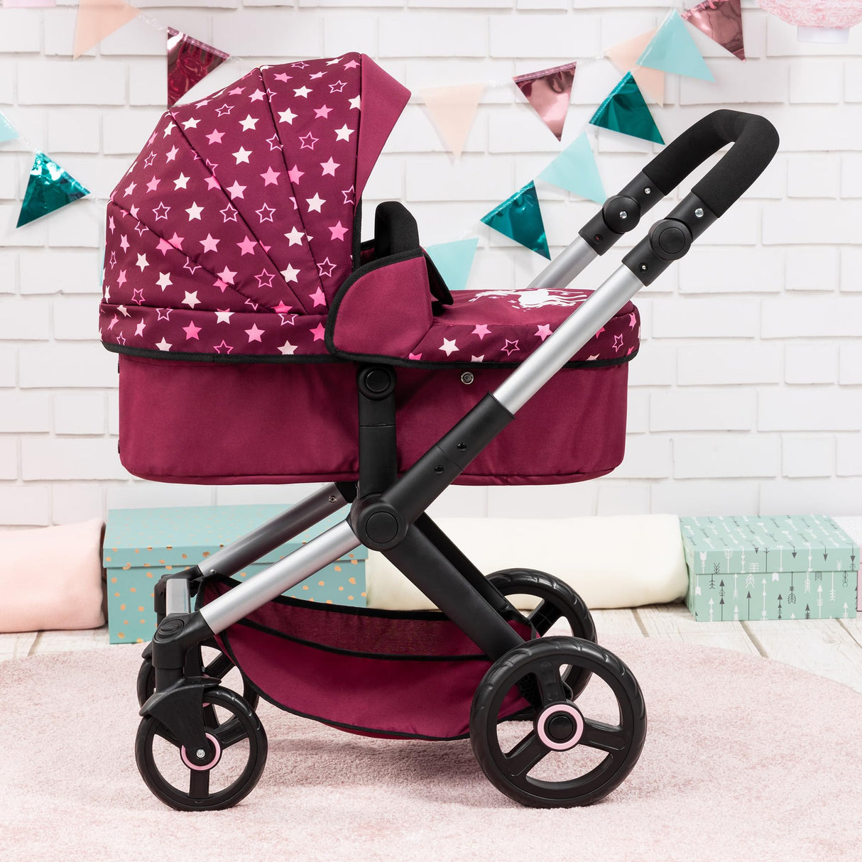 Bayer Design 17023AA Cochecito de muñeca Combi Xeo, Carrito para muñecas, Altura Regulable, Convertible en Sillita Paseo, Bolsa