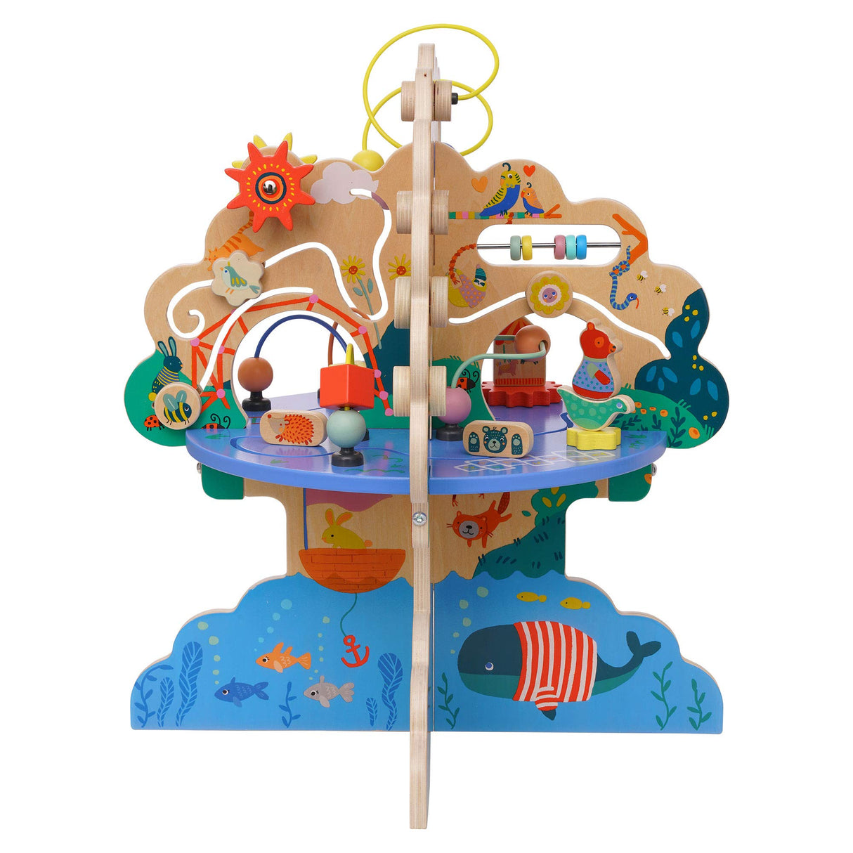 Manhattan Toy 160810 Playground Adventure Centro de Actividades de Madera para niños de 12 Meses en adelante con planeadores, Pista de ábaco, Spinners, Juguetes de Primavera y Carreras de Cuentas,