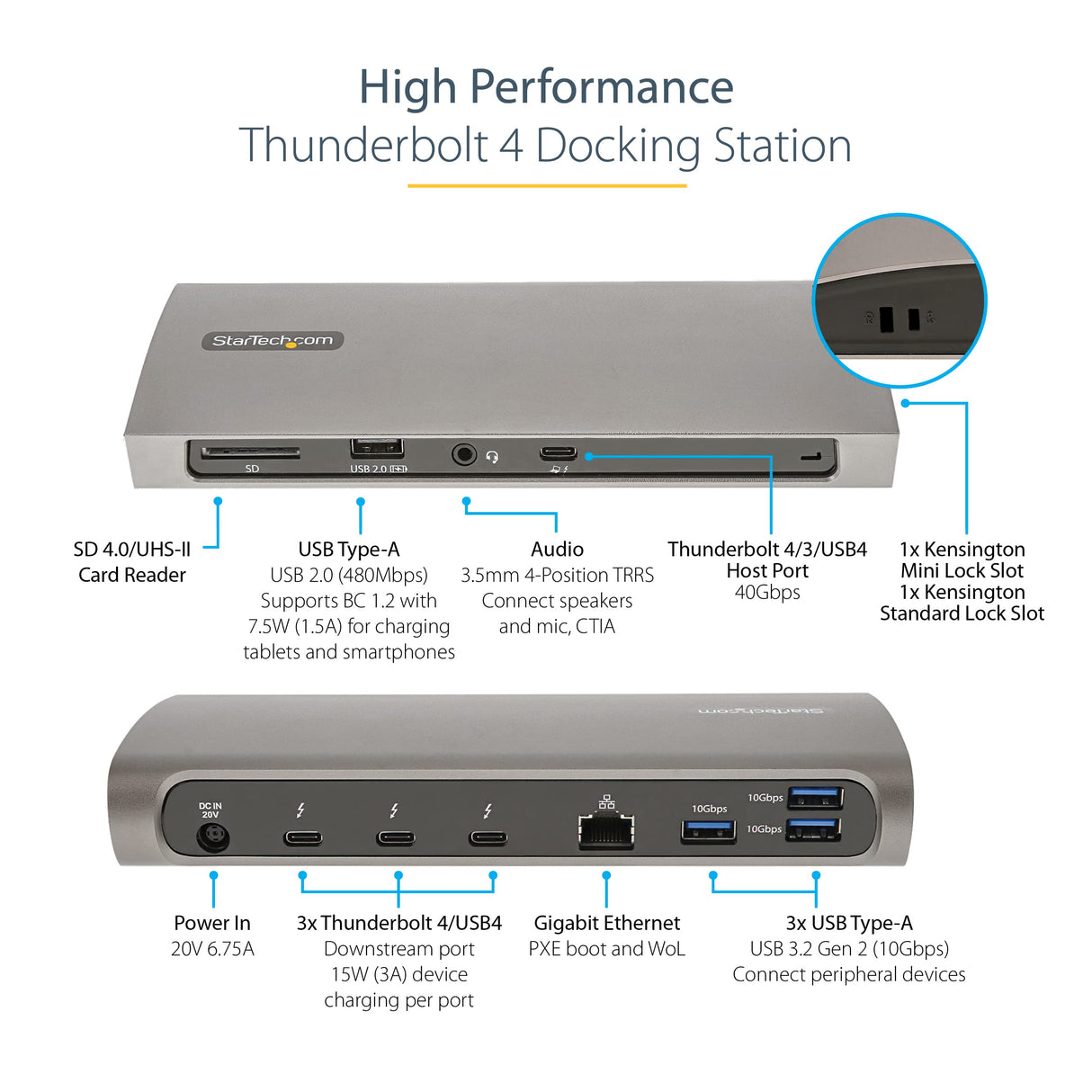 StarTech.com Docking Station Thunderbolt 4, PD de 96W, para 1 Monitor de 8K/para 2 Monitores de 4K 60Hz, 3xTB4/USB4, 4xUSB-A/SD/GbE, Replicador de Puertos Thunderbolt 4 para Win o Mac TB3 (TB4CDOCKUE)
