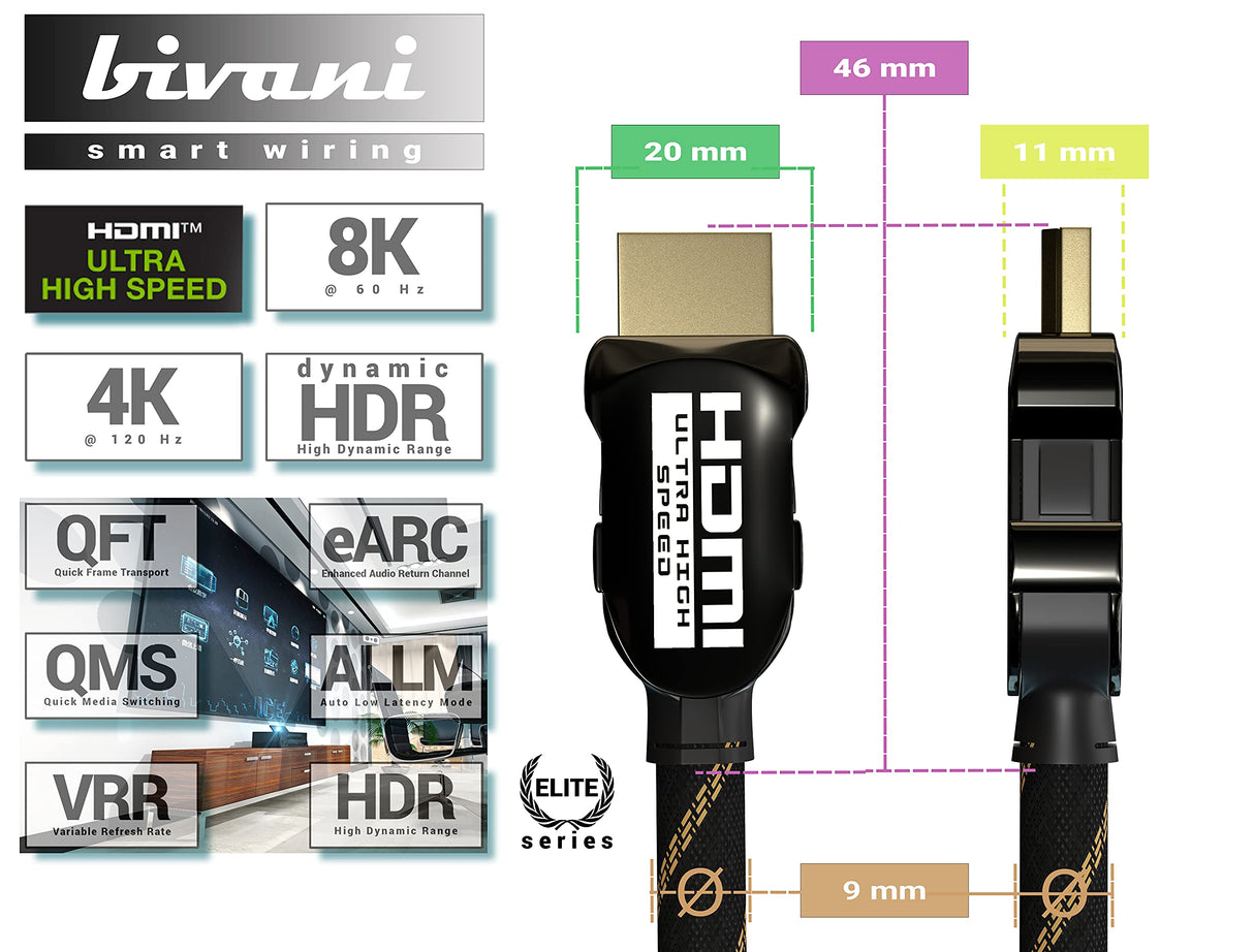 bivani Cable HDMI 2.1a de 8 K, 4 metros, 48 Gbps, cable HDMI de alta velocidad, certificado HDR10+, Ethernet de alta velocidad, PS5 y Xbox Series X Ready, revestimiento de nailon, serie Elite - 4M