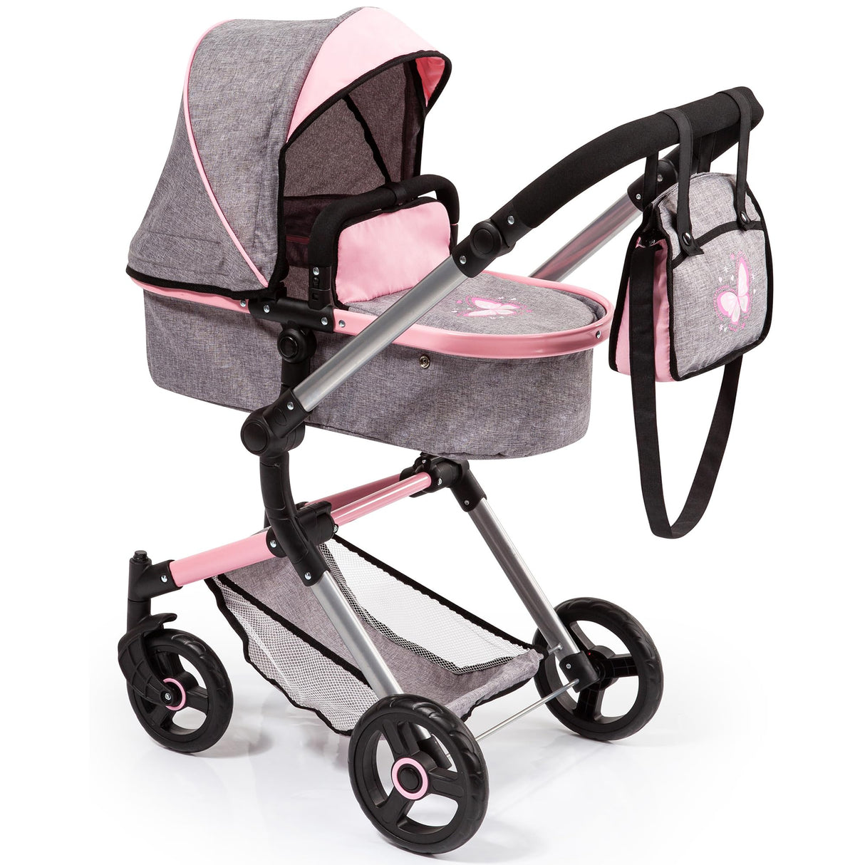 Bayer Design- Cochecito de Muñecas Neo Vario Combolso Cambiador, Convertible, Plegable, Color Vaqueros Grises, Rosa, Mariposa (18433Aa)