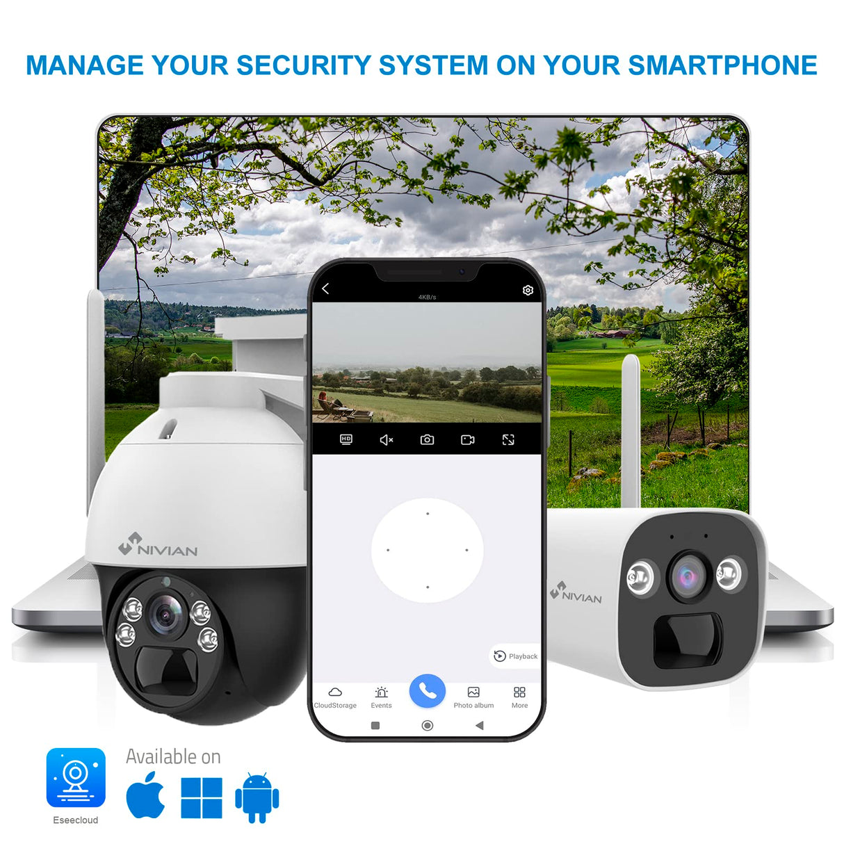 Nivian Cámara vigilancia seguridad 360º 4G(SIM) Panel solar 7W-Batería larga duración 18000mAh-2K-Detección de movimiento y humanos-Apta exterior-Visión nocturna+Leds-Audio bidireccional-APP EseeCloud
