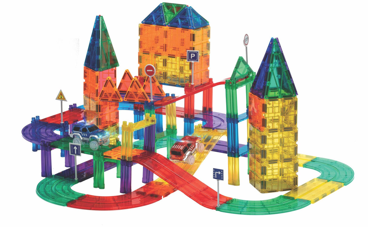 Playmags Juego de 200 Piezas con fichas magnéticas, Pista de Carreras, Incluye 2 Autos de Carreras eléctricos motorizados, para niños de 3 años en adelante