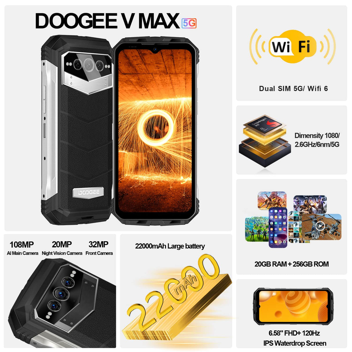 DOOGEE VMAX [2024] Movil Resistente Agua y Golpes 5G, 22000mAh Batería, Dimensity 1080, 20GB+256GB, 6.6" FHD+ 120Hz, Cámara Triple 108MP, Smartphone Irrompible Android IP68IP69K/NFC/Huella Dactilar