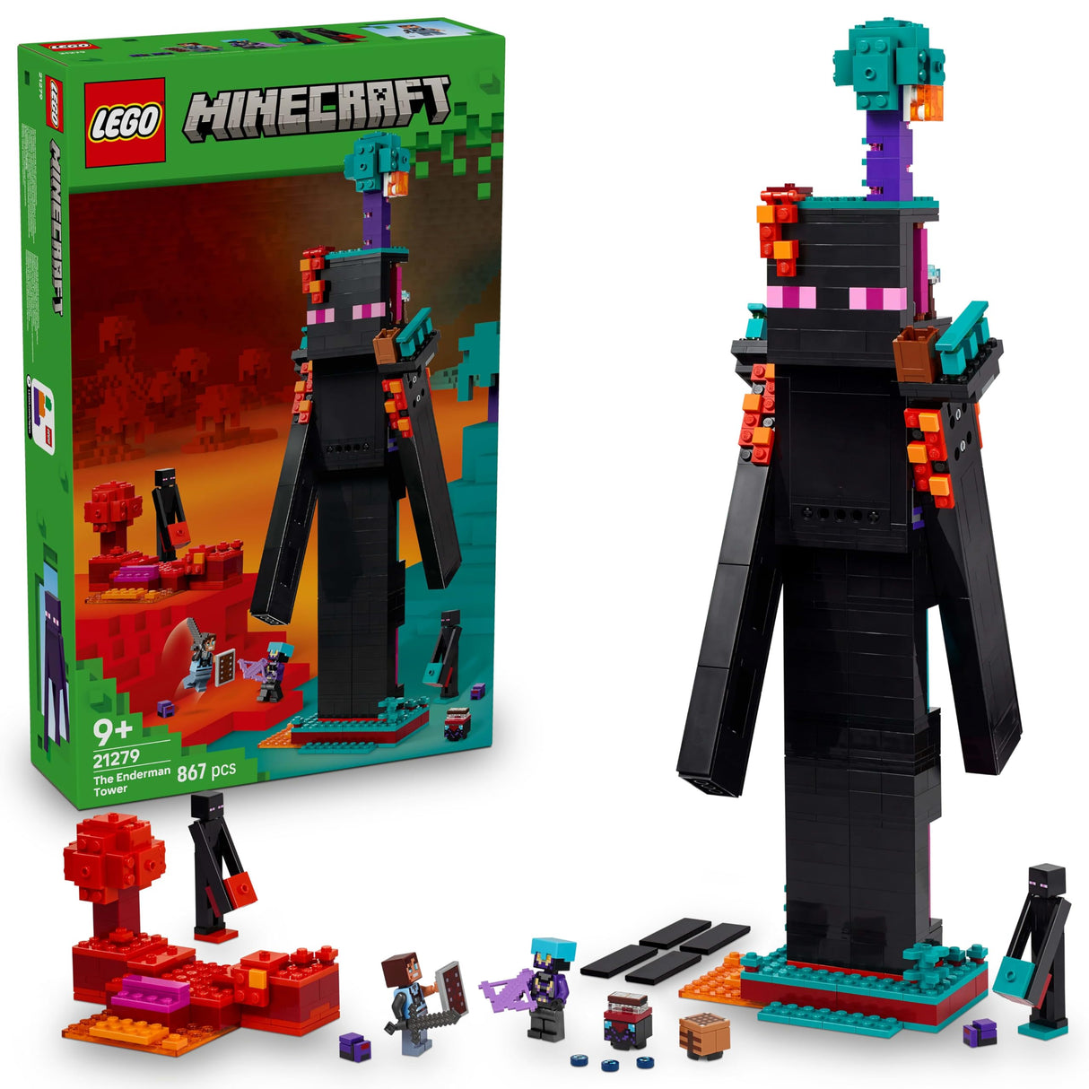 LEGO Minecraft 2 en 1 La Torre del Enderman - Juguete Modular Convertible en 2 Fortalezas - Figuras de Endermans, Endermitas y Portal de Inframundo - Regalo Gamer para Niños y Niñas de 9+ Años 21279