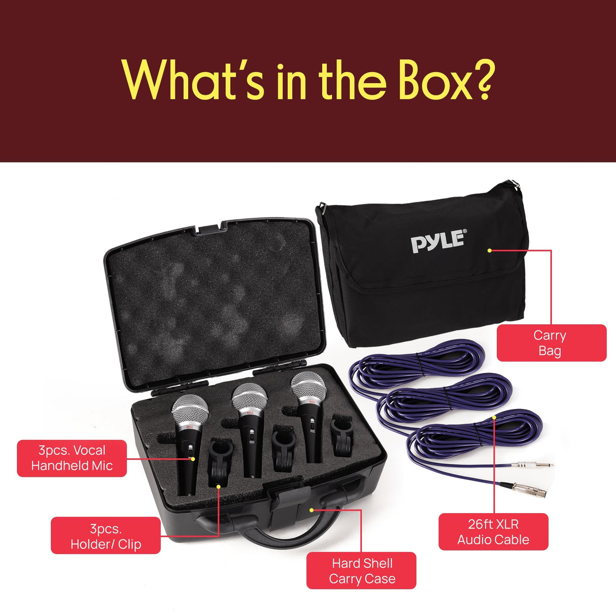 Pyle Kit de micrófono dinámico profesional de 3 piezas, micrófono de mano vocal unidireccional cardioide con funda de transporte rígida y bolsa, soporte/clip y cable de audio XLR de 26 pies a conexión