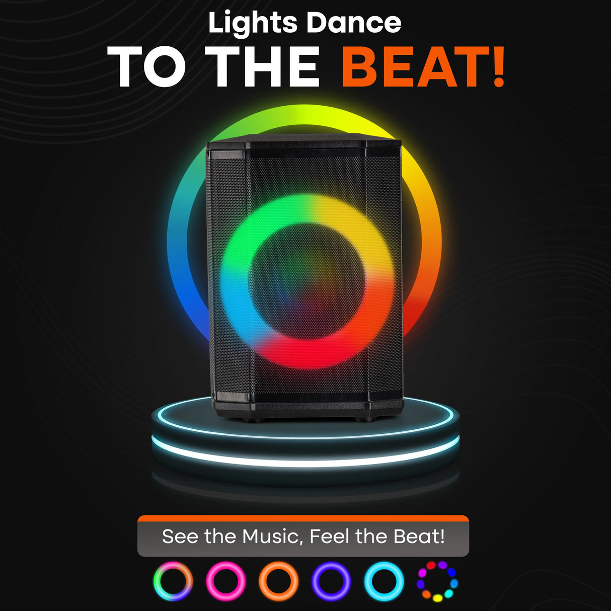 Pyle Portable Bluetooth Speaker with 8" Inch Woofer, TWS, Mic Input, USB/SD/FM Radio, Colorful Ring Lights, 120 W Rechargeable Battery, Tripod Stand & Speaker Bag, Hi-Fi Sound, Outdoor/Indoor Use