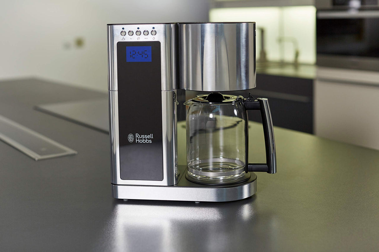 Russell Hobbs Cafetera de Goteo Elegance - Diseño de Cristal, Capacidad de 1,25L, Soporte de Filtro Extraíble, Tecnología Rociado Avanzada, Programable, Función Autolimpieza, Plata y Negro - 23370-56