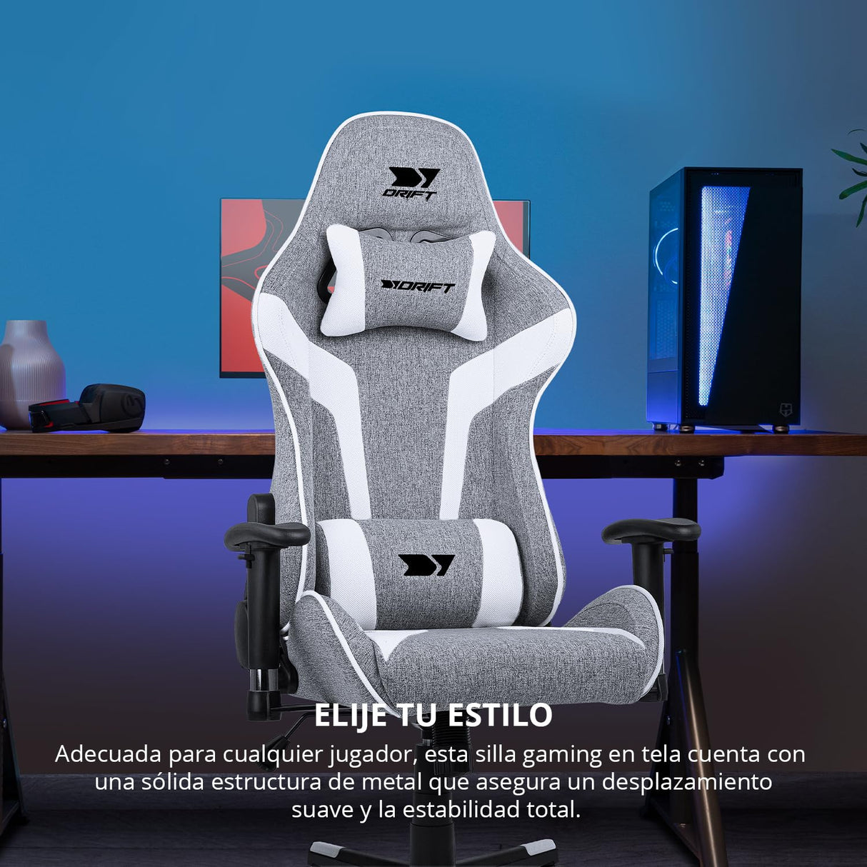 DRIFT GAMING DR90 – Silla Gaming ergonómica con reposacabezas y Lumbar, Respaldo reclinable 135°, Brazos 2D Ajustables, Tejido Transpirable, Base de Nylon y pistón de Gas Clase 4 – Gris/Blanco