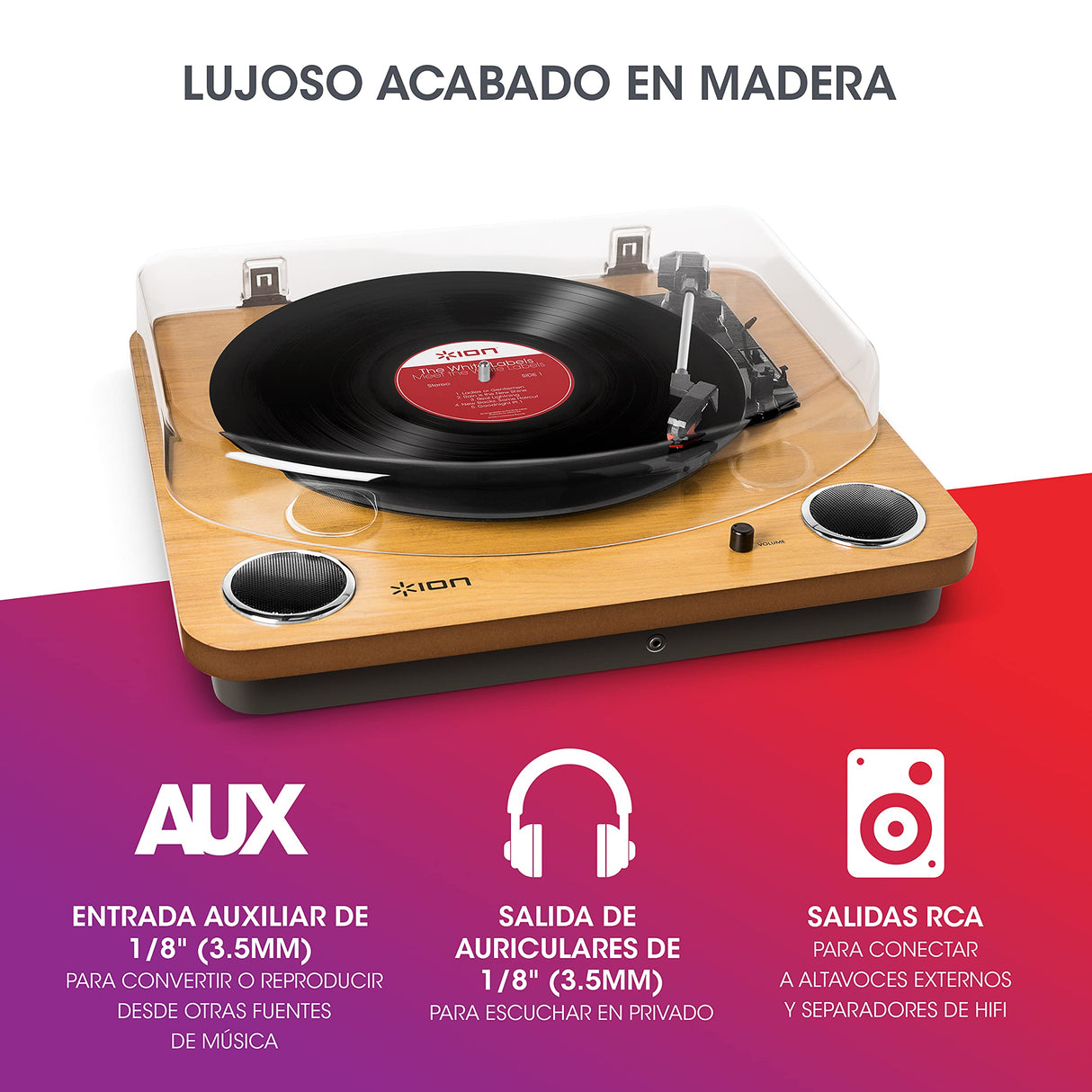 ION Audio Max LP - Reproductor de discos de vinilo Bluetooth con altavoces integrados y USB, color madera