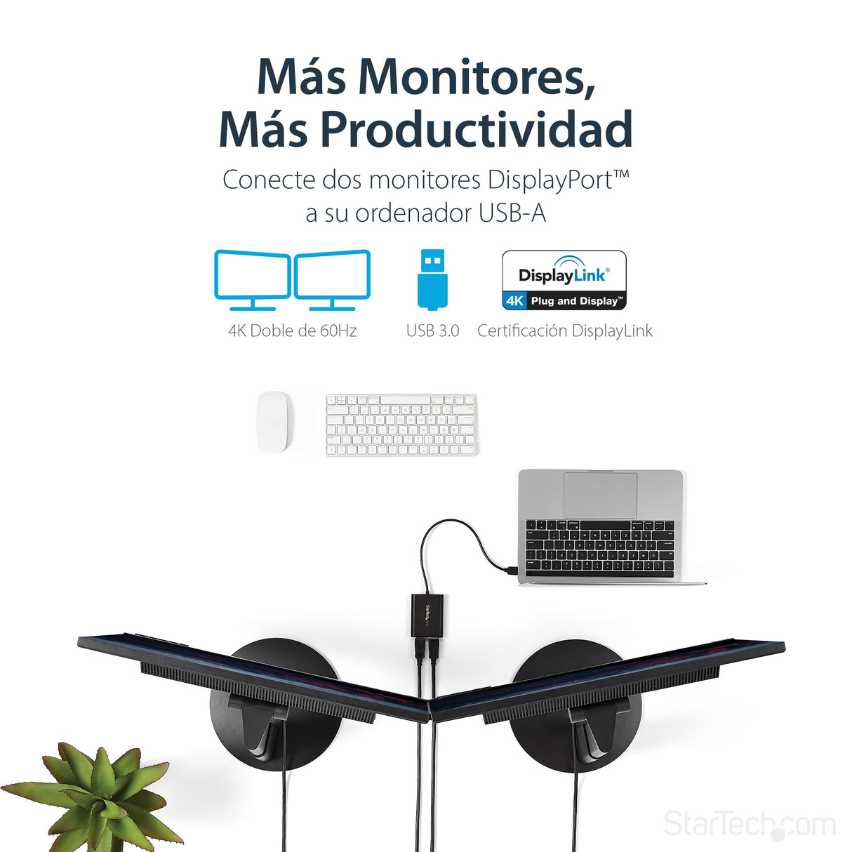 StarTech.com Adaptador Gráfico Externo USB 3.0 a DisplayPort Doble 4K60 DisplayLink, Cable Conversor USB 3.0 a DP de Vídeo