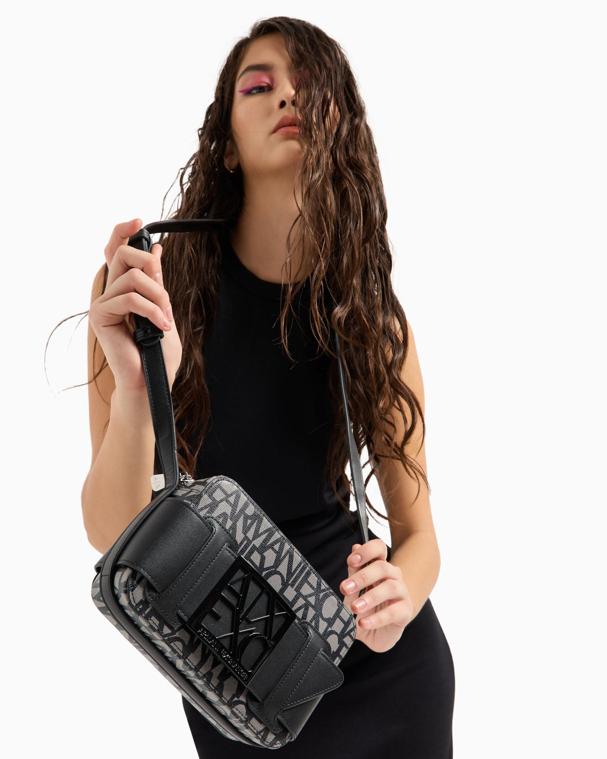 Armani Exchange Logo Placket Top Zip Camera Crossbody Bag, Funda para cámara para Mujer, Beige/Black, Einheitsgröße