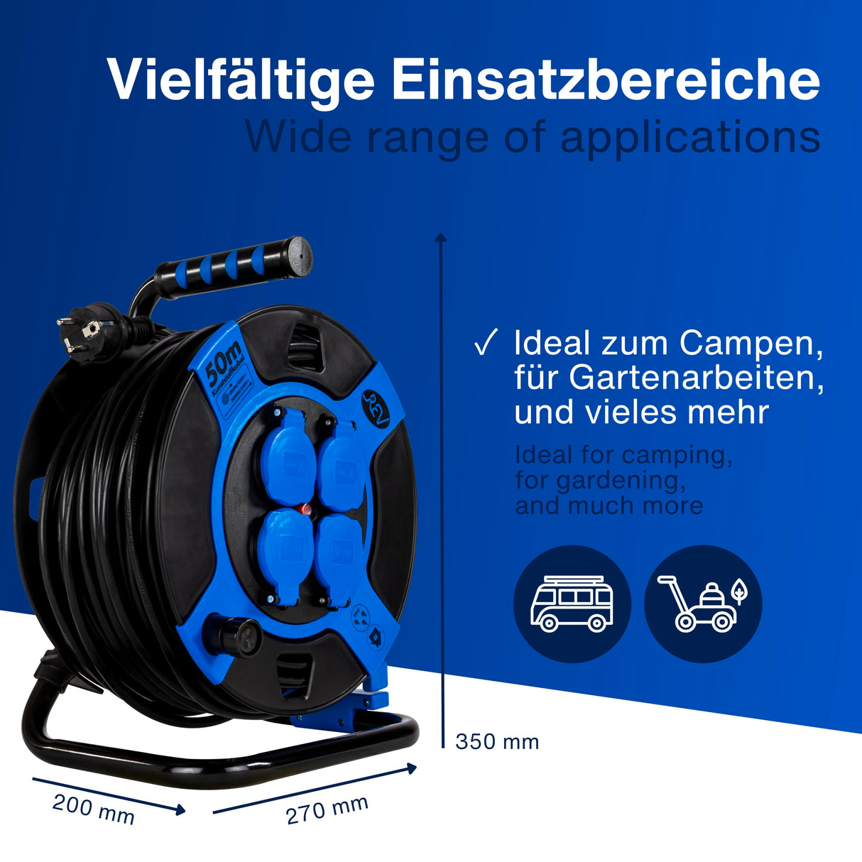 REV 0010118812 base múltiple 50 m 4 salidas AC Exterior Negro, Azul - Bases múltiples (50 m, 4 salidas AC, Exterior, 1,5 mm², Negro, Azul, 230 V)