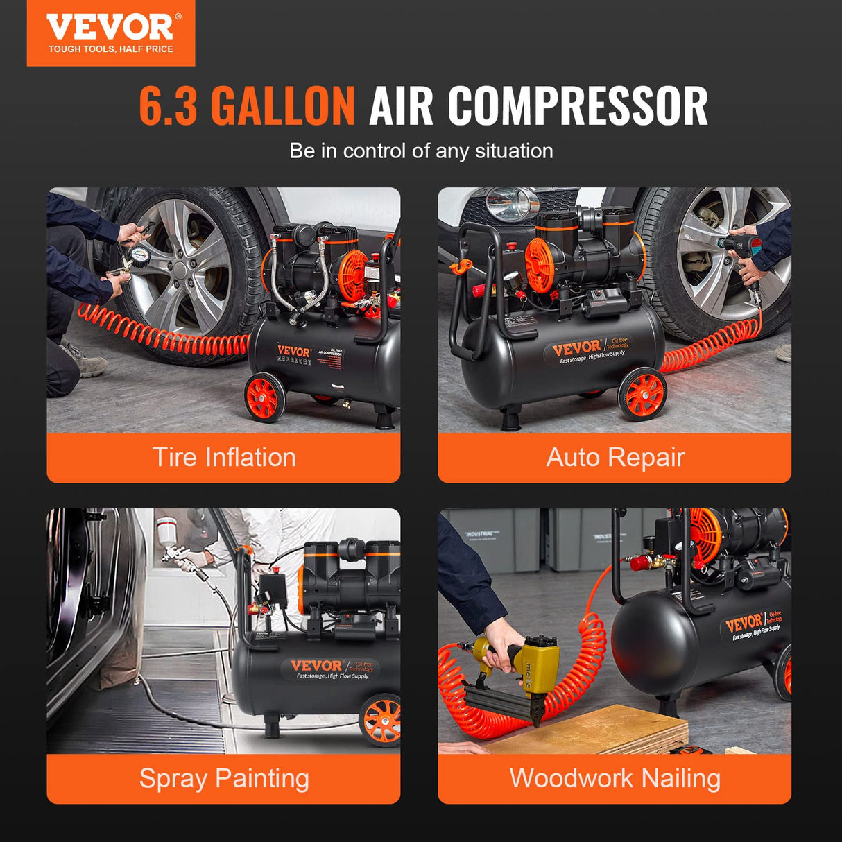 VEVOR Compresor de Aire Silencioso de 24L Compresor de Aire sin Aceite 1450W 2 CV Presión Máxima de 3,5 Mpa Motor sin Aceite 70dB para Reparación de Automóviles Inflado de Neumáticos Pintura a Pistola