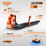 RURIS - Soplador de Espalda inalámbrico 1284e 4 velocidades + Modo Turbo, Velocidad 70 m/s, Volumen 1100 m³/h, Tubo telescópico, arnés y 2 baterías de Litio de 20 V + Cargador Incluido