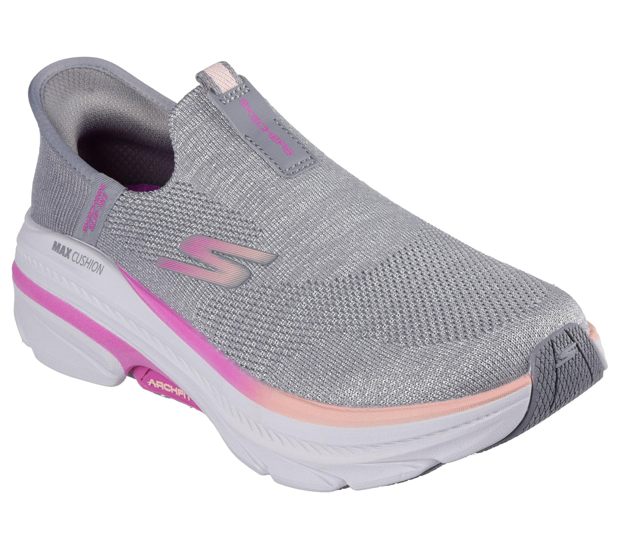Skechers MAX Cushioning Arch Fit 2.0 Cambridge, Zapatillas Mujer, Gray Textile/Pink Trim, 39 EU