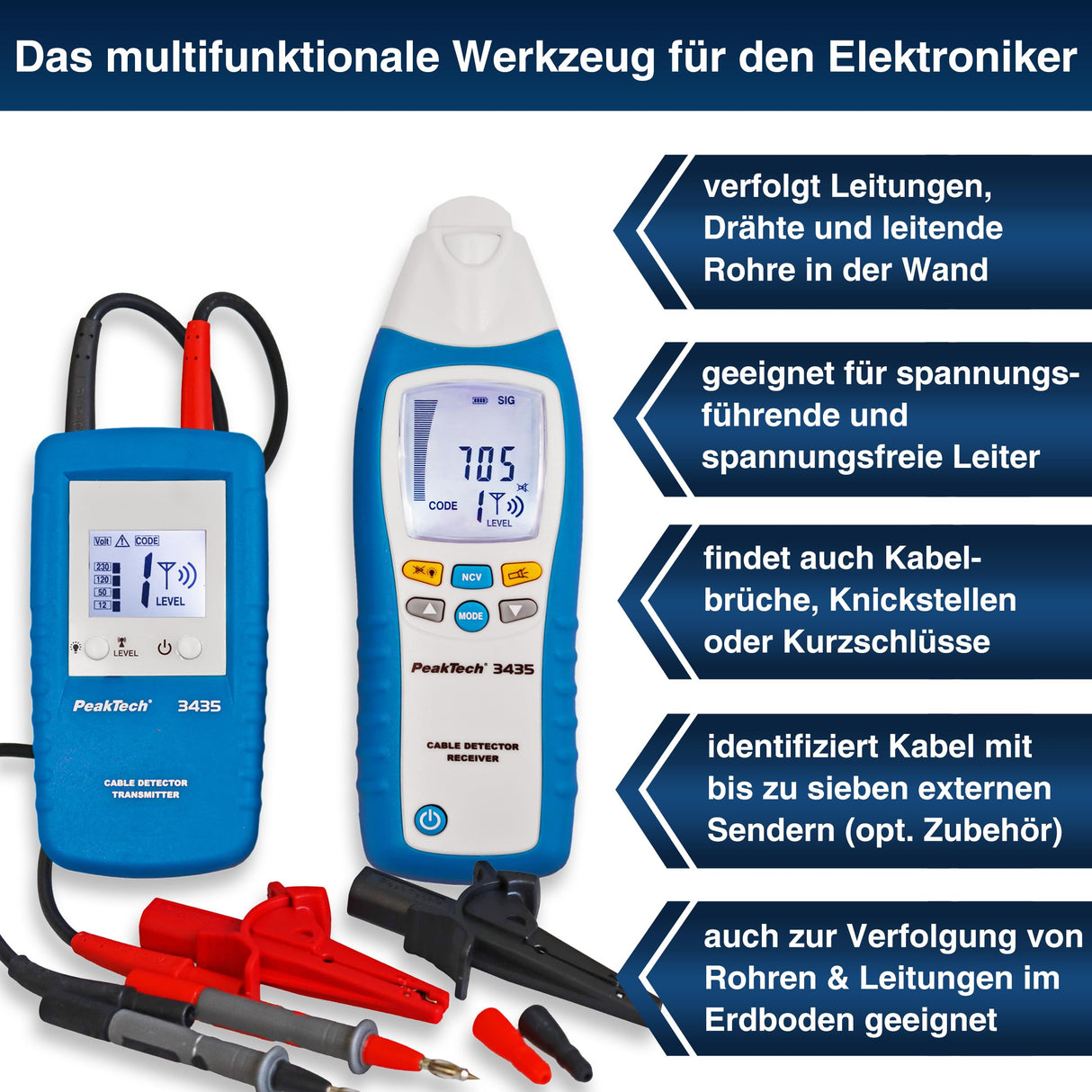 PeakTech 3435 - Localizador de Línea con Transmisor, Receptor para Cortocircuitos, Fusibles, Tuberías Metálicas, Voltímetros, Buscadores de Línea en Paredes, Techos, Pisos, Recepción de Hasta 2 Metros