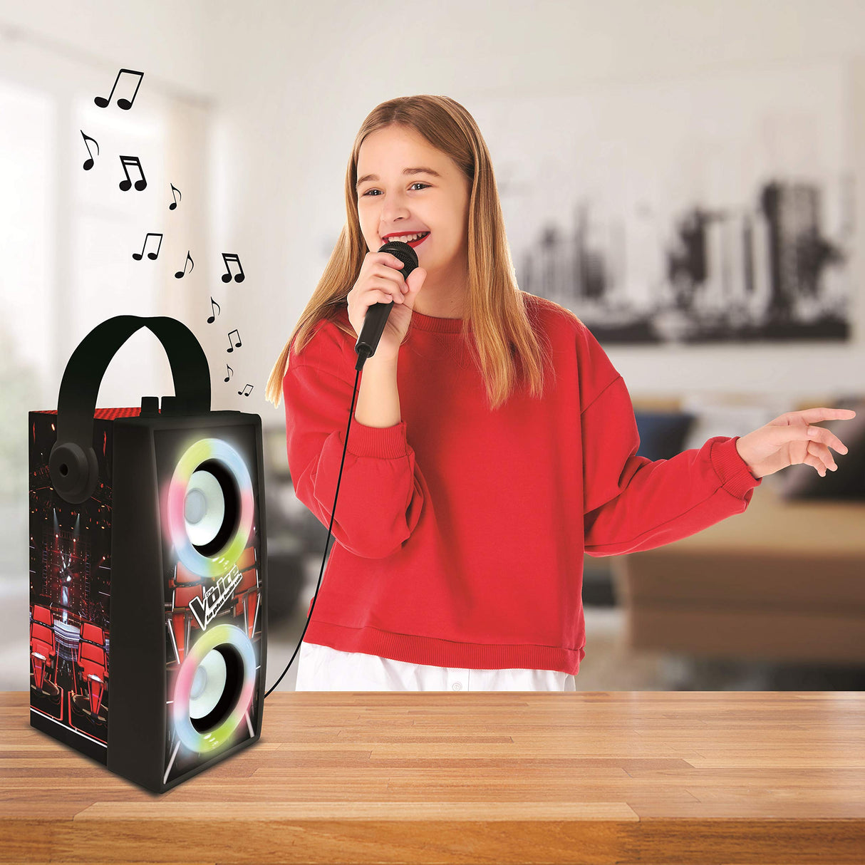 LEXIBOOK, The Voice, Altavoz Luminoso Bluetooth portátil con micrófono, Efectos de luz, Karaoke, Inalámbrico, USB, Tarjeta SD, Batería Recargable, Negro/Rojo, BTP180TVZ