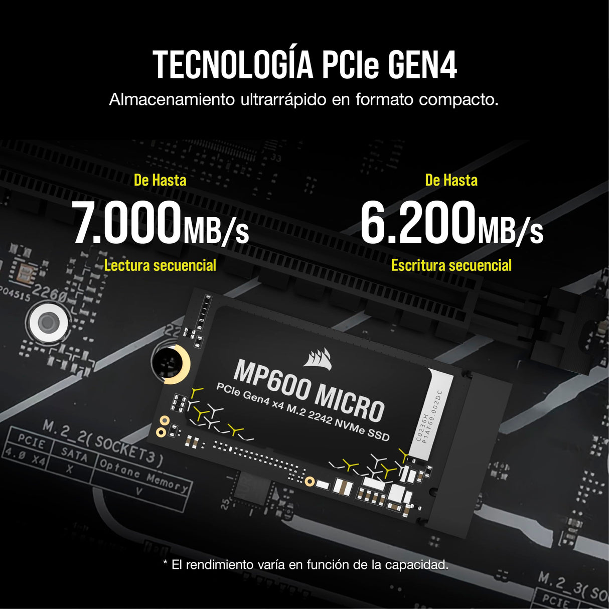 Corsair MP600 Micro 2TB M.2 NVMe PCIe x4 Gen4 SSD – M.2 2242 – hasta 7.000 MB/s de Lectura Secuencial – Compatible con Los Portátiles Lenovo Legion Go y Thin PCIe 4.0 – Negro