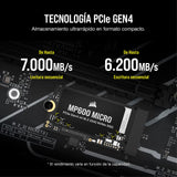 Corsair MP600 Micro 2TB M.2 NVMe PCIe x4 Gen4 SSD – M.2 2242 – hasta 7.000 MB/s de Lectura Secuencial – Compatible con Los Portátiles Lenovo Legion Go y Thin PCIe 4.0 – Negro