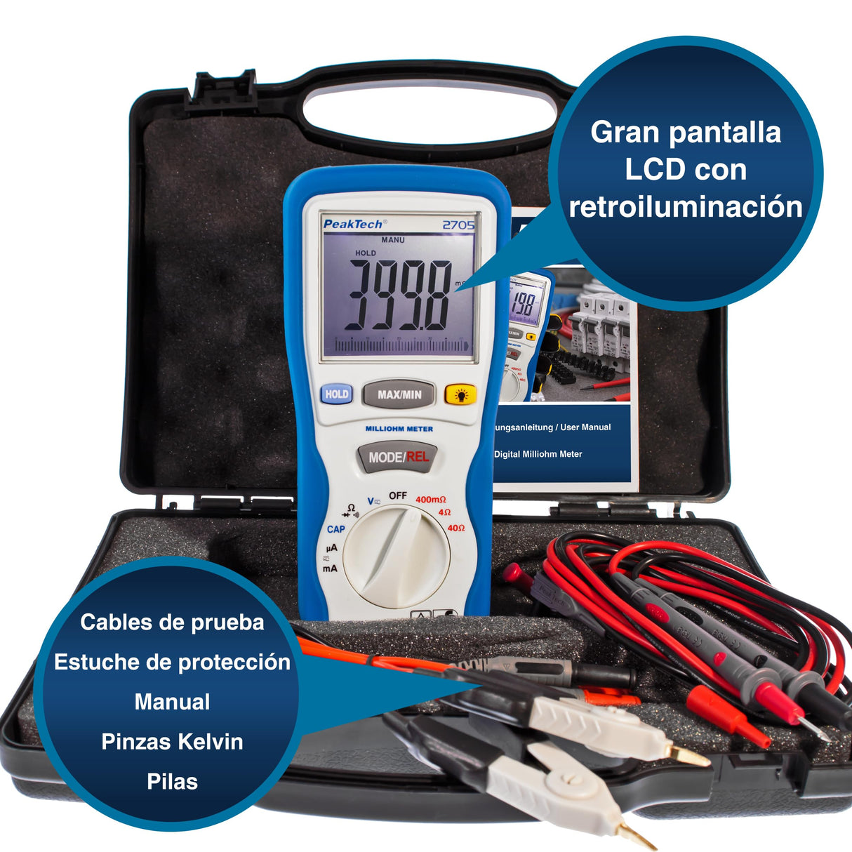 PeakTech 2705 – Miliamperímetro digital con cables de prueba Kelvin de 4 pines, TUV/GS, medición de miliohmios, corriente, multímetro, probador de continuidad, gráfico de barras - CAT III 1000 V