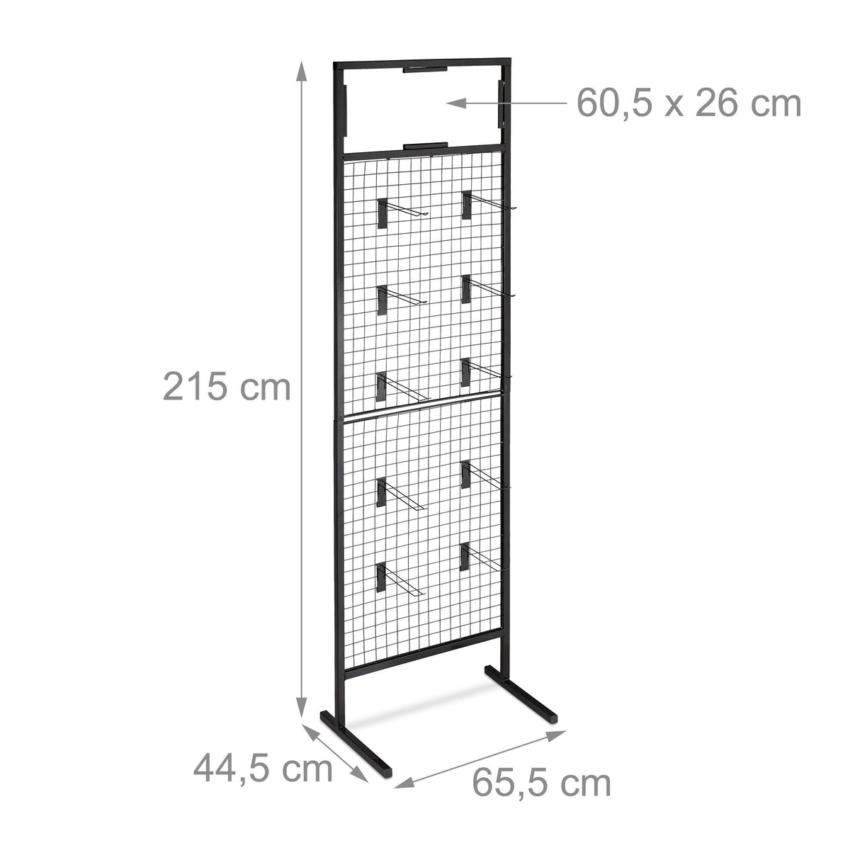 relaxdays 10029569 Mostrador de Tienda, Panel Expositor de Rejilla, 10 Ganchos, Acero, 21x65,5x44,5 cm, 1 Ud, Negro