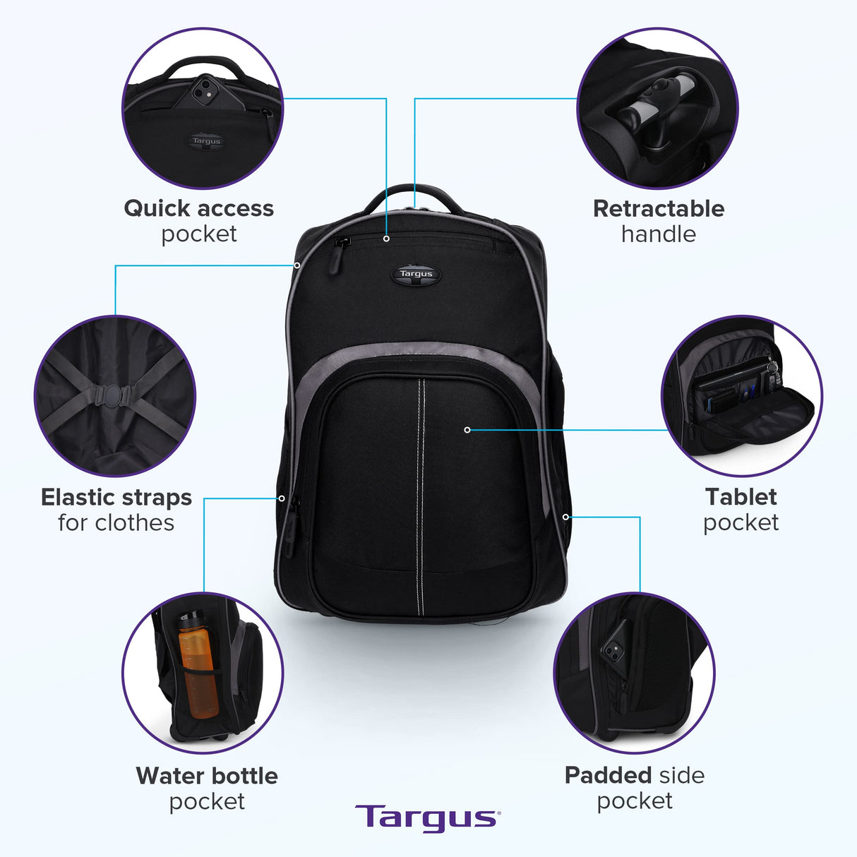 Targus Mochila compacta con ruedas para negocios, estudiantes universitarios y viajes, material duradero, bolsillo para tableta, funda protectora extraíble para laptop de 16 pulgadas, color negro