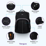Targus Mochila compacta con ruedas para negocios, estudiantes universitarios y viajes, material duradero, bolsillo para tableta, funda protectora extraíble para laptop de 16 pulgadas, color negro
