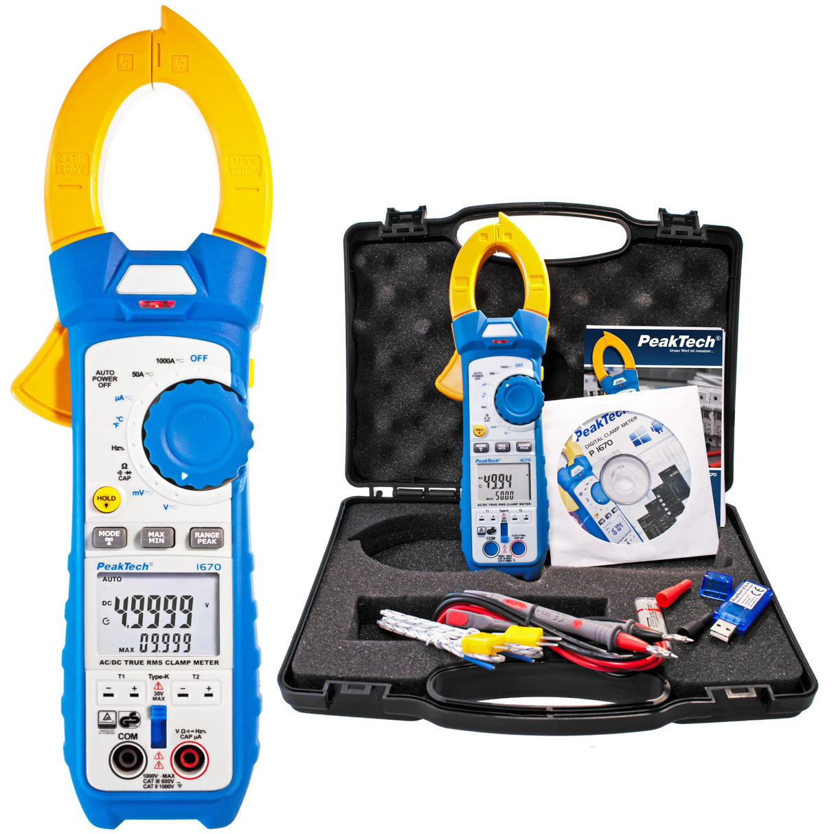 PeakTech 1670 - Pinza Amperimétrica RMS 4.0 Bluetooth y Aplicación 1000A Ac/Dc, Lámpara Led, 50000 Cuentas, Multímetro, Tuv/Gs, Pinza de Corriente, Medidor de Voltaje, Medidor de Corriente