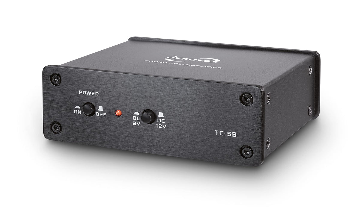 Dynavox TC-5B preamplificador de Phono, Carcasa metálica compacta, para Tocadiscos con Sistemas de cápsulas MM, Funcionamiento Opcional con batería, Negro