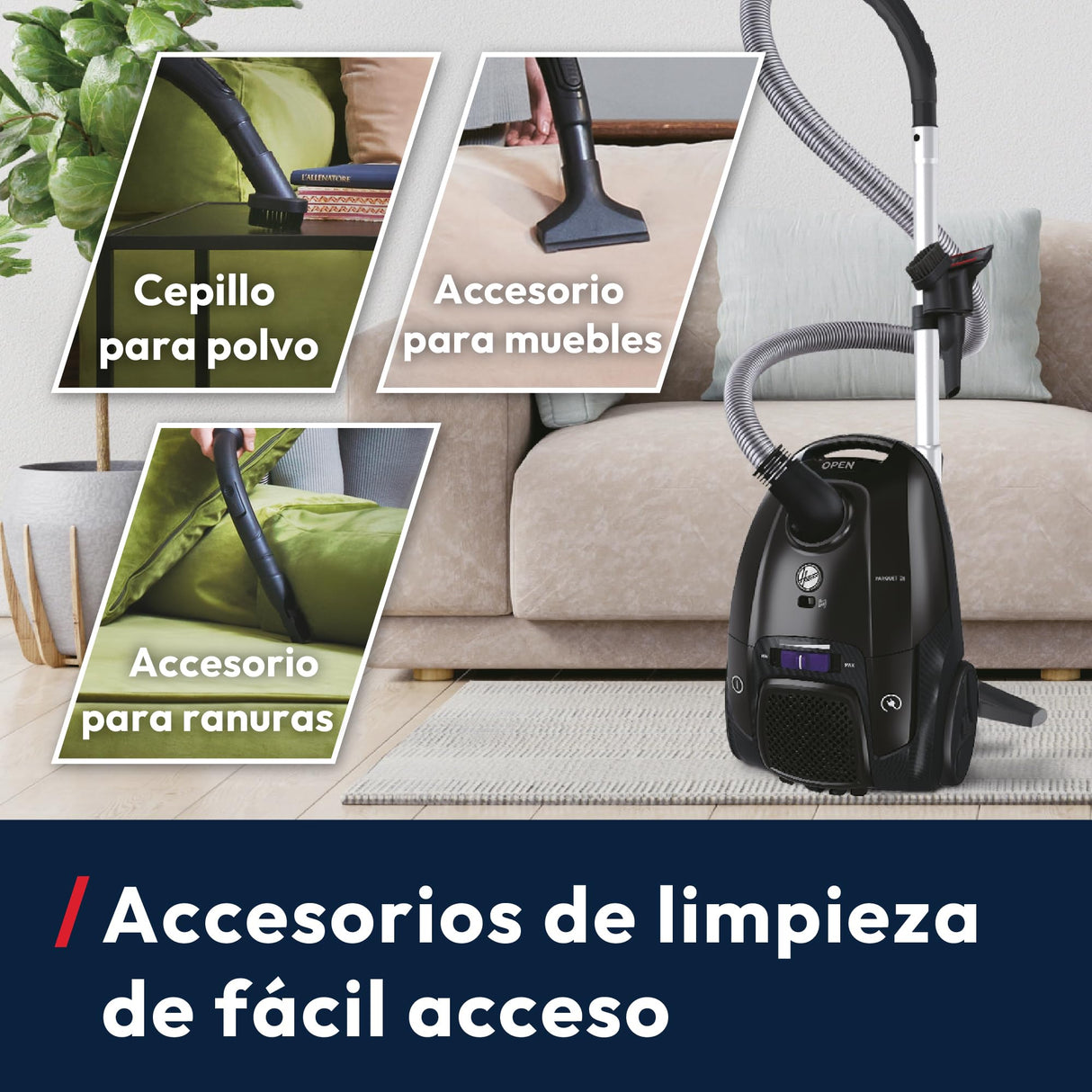 Hoover Telios – Aspirador con Bolsa: Compacto, silencioso (69 dBA), Bolsa de 3,5L, con Cable, Boquilla para parquet, Accesorios Integrados, Radio de acción de 9,6 m, Filtro EPA12 [TXLZ72HM]