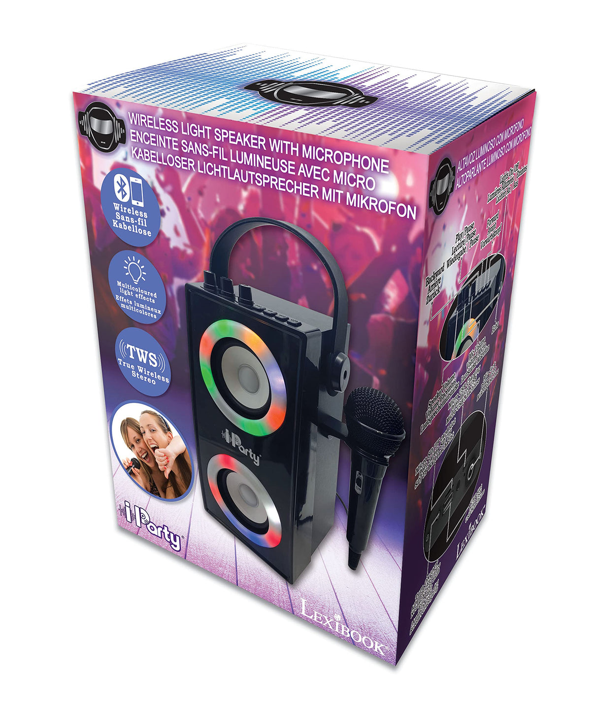 LEXIBOOK, iParty, Altavoz Luminoso Bluetooth portátil con micrófono, Efectos de luz, Karaoke, inalámbrico, USB, Tarjeta SD, batería Recargable, Negro, BTP180BKZ