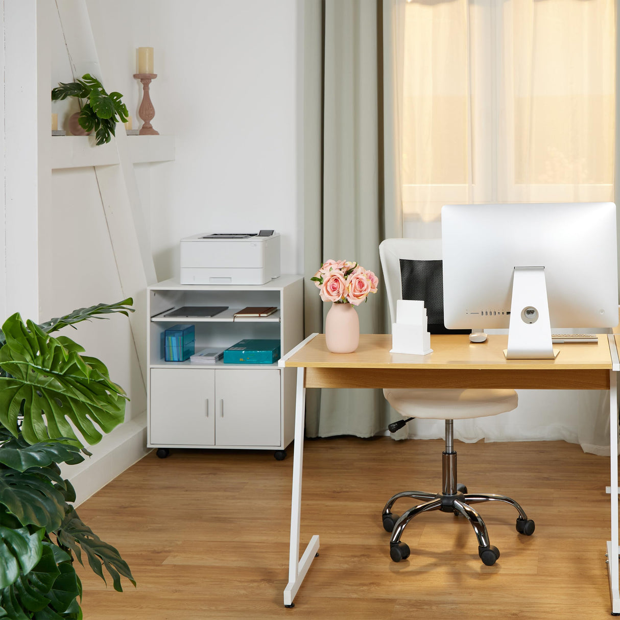 Relaxdays Mesa Impresora con 2 Cajones y Bandeja para Teclado, Cajonera Oficina con Ruedas, 74 x 60 x 48 cm, Blanco, Aluminio