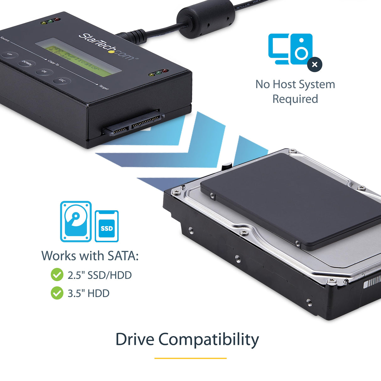 StarTech.com Clonador y Borrador Autónomo 1:1 para Discos Duros SSDs SATA, con Pantalla LCD, TAA, Independiente del Sistema Operativo (SATDUP11)