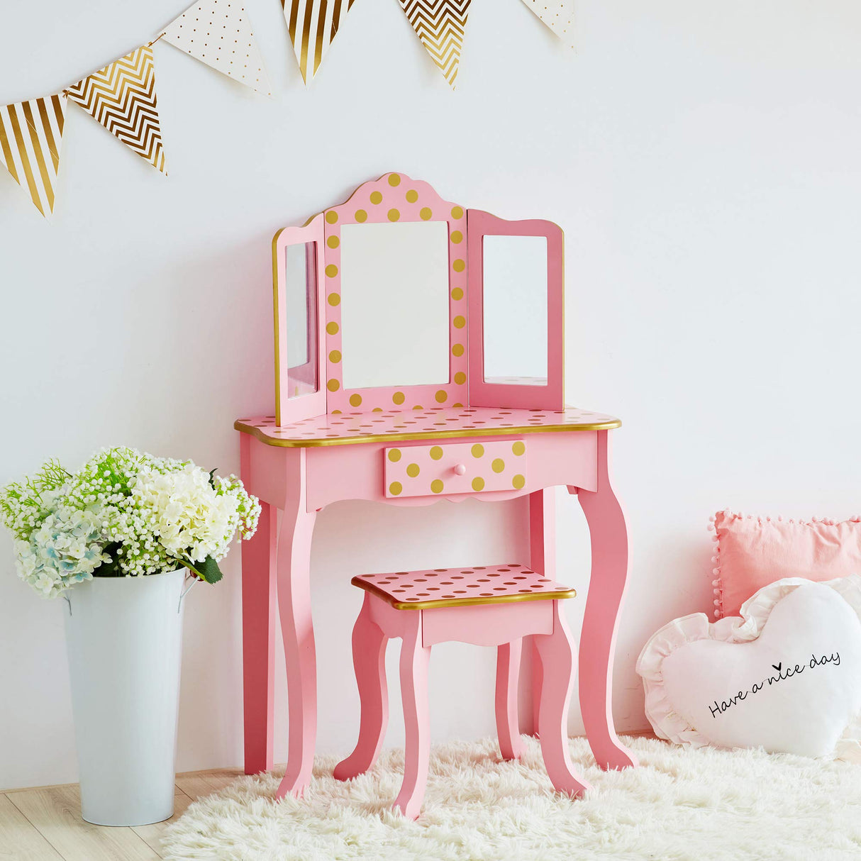 Teamson Kids Mesa de Tocador Rosa de Madera con Espejo y Taburete TD-11670L