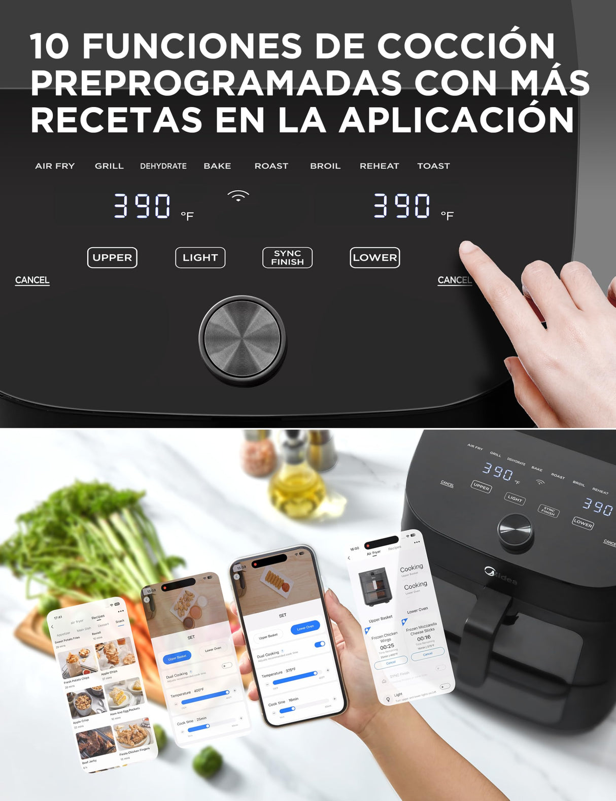 Midea Smart Freidora de Aire Double Stack 11L, Doble Cesta Vertical, Compatible inteligente WiFi y Alexa, Diseño para Ahorrar Más Espacio, 8 Programas Automáticos para 3-8 personas, 2400W