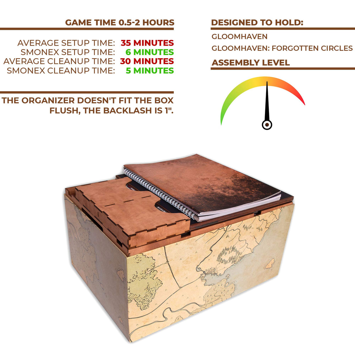 SMONEX Organizador de madera y tableros de cuatro jugadores compatibles con el juego de mesa Gloomhaven, caja adecuada para almacenar todas las expansiones Gloomhaven, insertar y almacenar