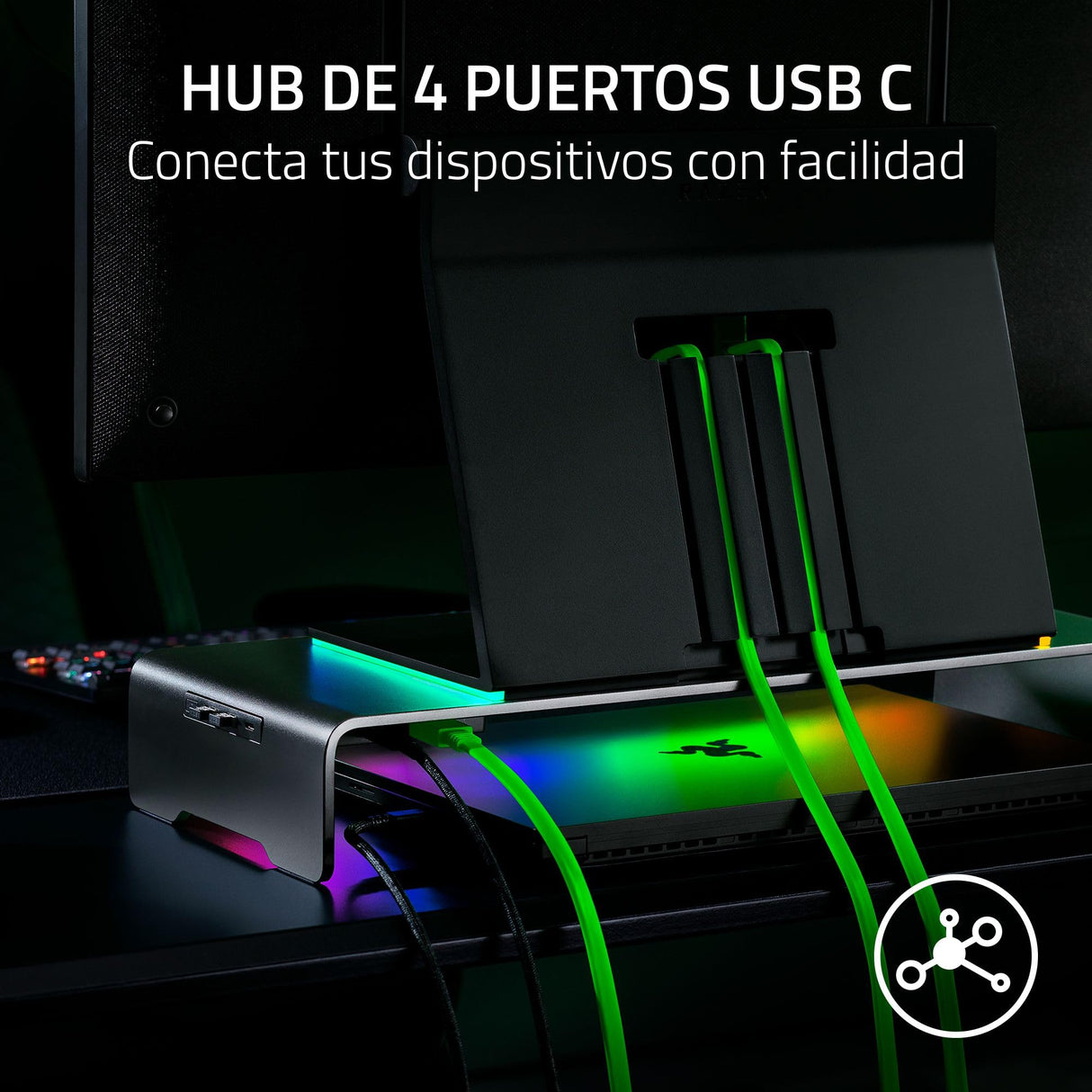 Razer Monitor Stand Chroma - Soporte de Monitor de Aluminio con concentrador USB-C de 4 vías con Chroma RGB (50cm x 21cm x 7,85cm, construcción Robusta, Capacidad de Carga de 20 kg) Negro