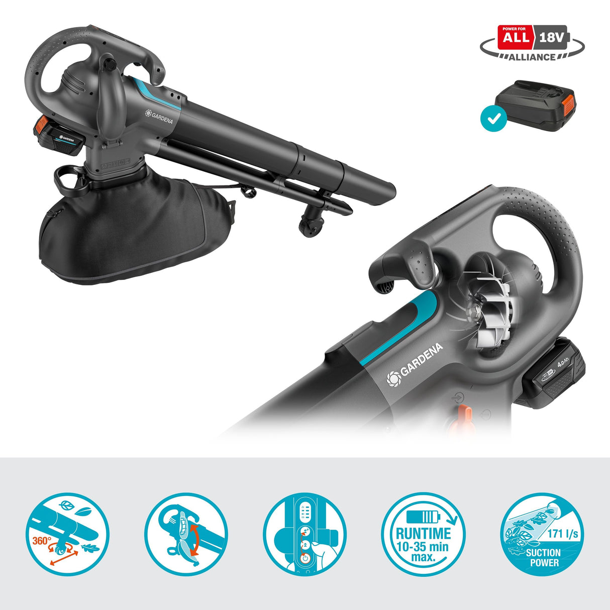 GARDENA Aspirador soplador PowerJet Collect con batería P4A de 18 V
