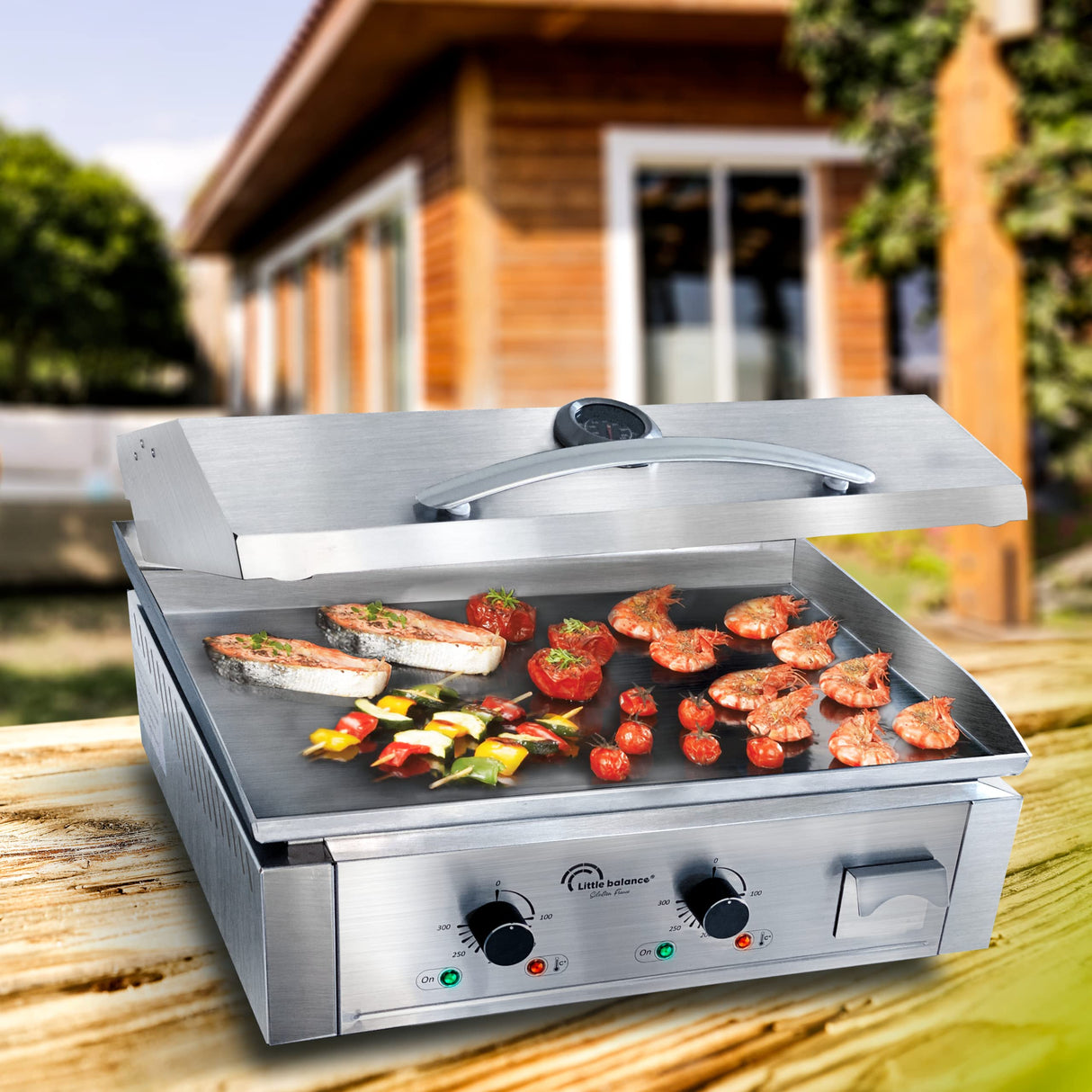 LITTLE BALANCE 8473 Aquitaine Pro Plus, Plancha eléctrica profesional, 2 zonas de cocción, tapa, 3500 W, fabricación francesa, todo acero inoxidable