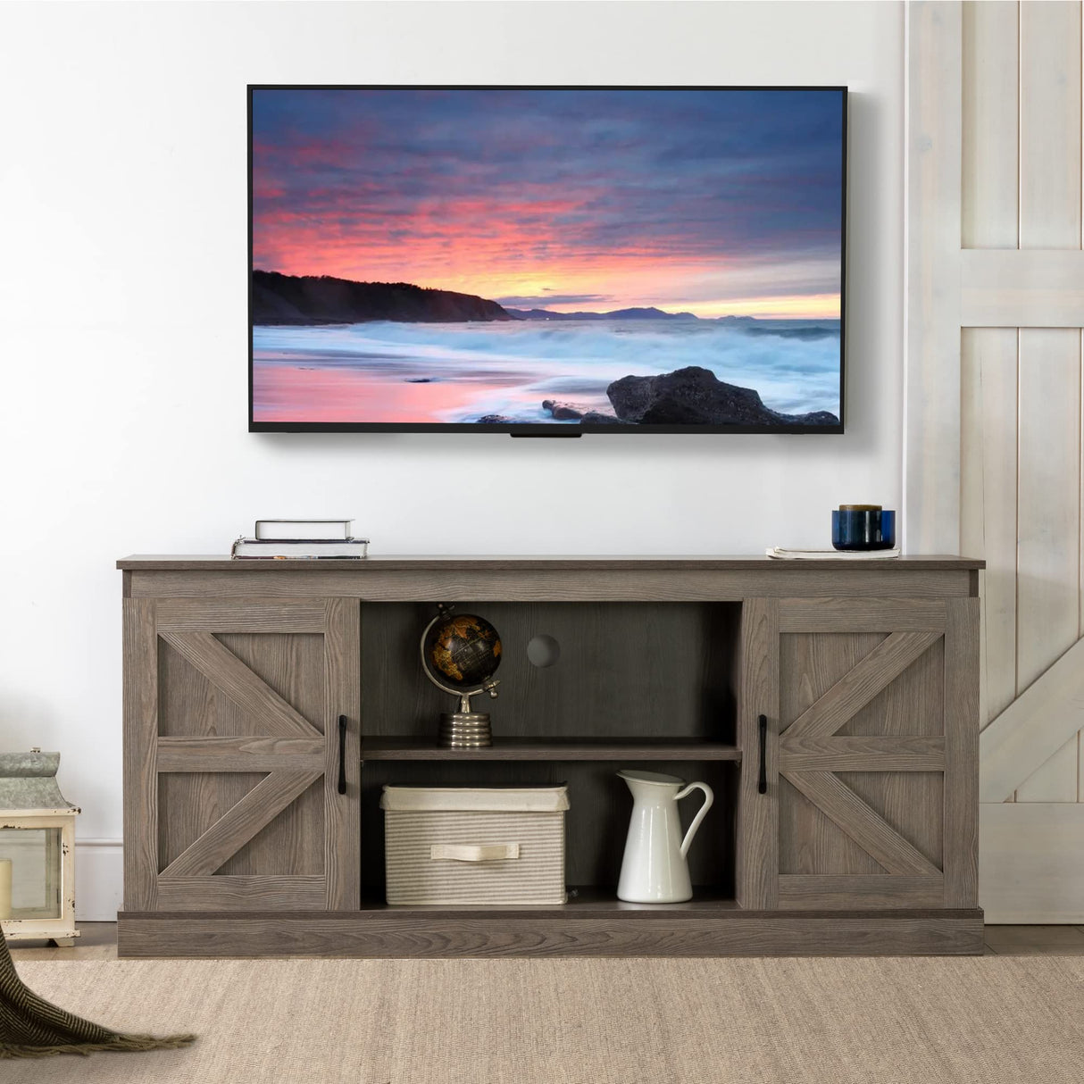 Zinus Wade Mueble TV - Mueble TV 147x67x40 cm - Mueble con armario - Diseño estilo granja - Gris